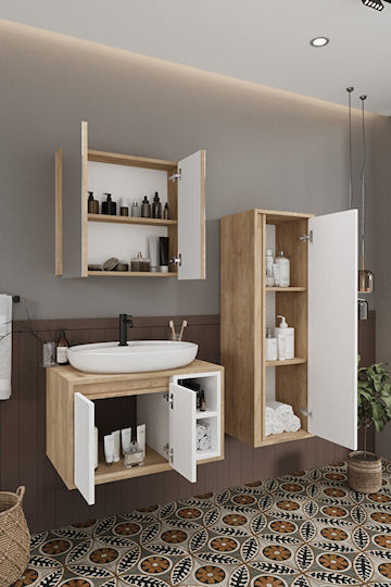 SteweHome Badezimmer Waschtisch-Einheiten Mdf Mit Waschbecken Mit Spiegel Hoch Nische 3 Stücke Weiß Eiche 70cm x 45cm x 70cm