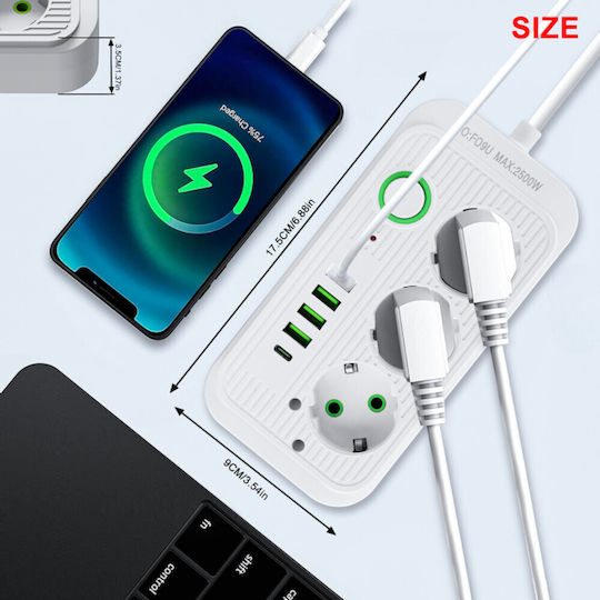 Cable Power Strip with Surge Protection 3 Positions with 4 USB-A, 4 USB-C, Switch and Cable 5m