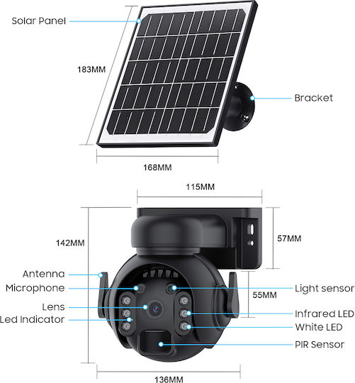 Sectec ST-515C-3M-4G-EU-5W-BK IP Überwachungskamera 4G Full HD+ 3MP Wasserdicht Batteriebetrieben mit Zwei-Wege-Kommunikation und Objektiv 3.6mm