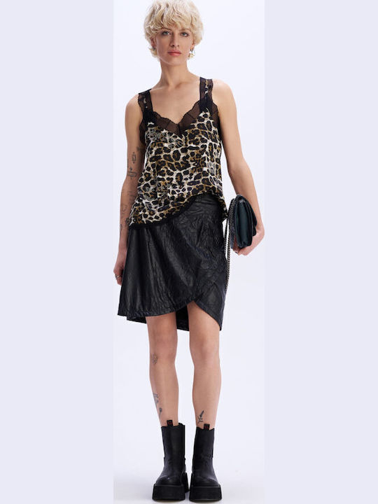 Women's Satin Lingerie Top Animal Print with Lace Leopard