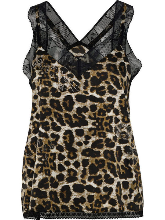Women's Satin Lingerie Top Animal Print with Lace Leopard