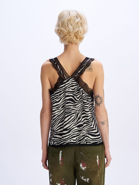 Women's Satin Lingerie Top Animal Print with Lace Zebra