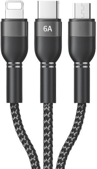 Recci USB to Lightning / Type-C / micro USB Cable Μαύρο 1.2m RTC-T12