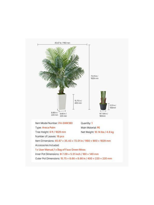 Vevor 1829 Mm Artificial Areca Palm Tree Faux Plant In Pot Home Office