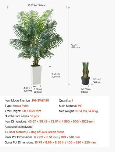 Vevor 1829 Mm Künstliche Areca-Palme Topfpflanze Für Zuhause Büro