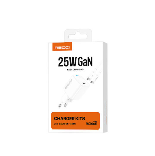 Recci Φορτιστής GaN με Θύρα USB-C και Καλώδιο USB-C - USB-C 25W Power Delivery Λευκός (RC106E)