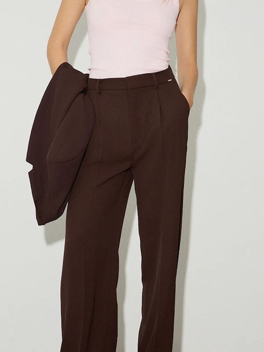 Women's High-waisted Fabric Trousers Regular Fit Chocolate