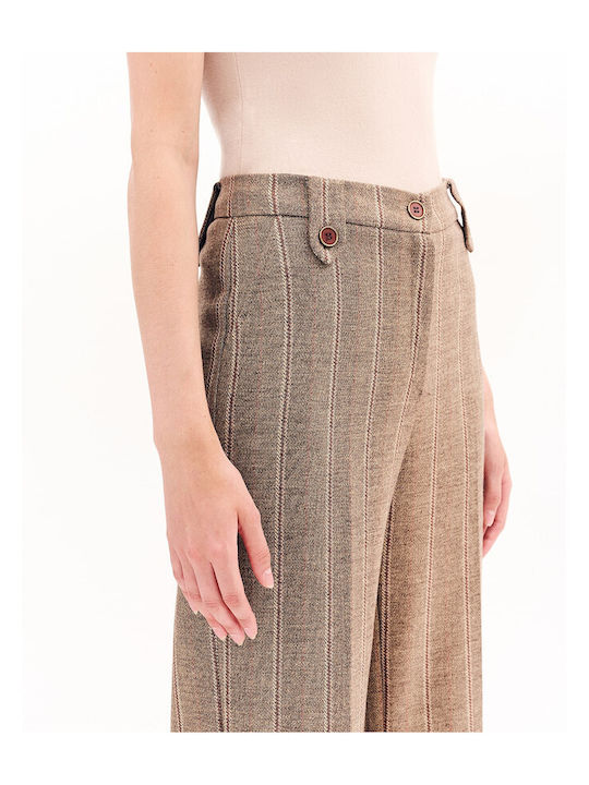 Women's Fabric Trousers Straight Line Striped Camel