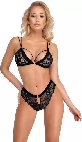 Cottelli Collection Секси Комплект Еротично Бельо с Дантела Черен 2 Части