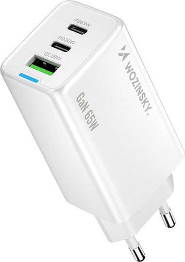Wozinsky Charger GaN with USB-A Port and 2 USB-C Ports and Cable USB-C - USB-C 65W Whites