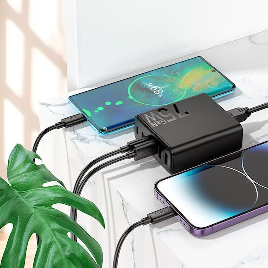 Hoco с 3 USB-A порта и 3 USB-C порта 75W Power Delivery / Quick Charge 3.0 Черен (C133A)