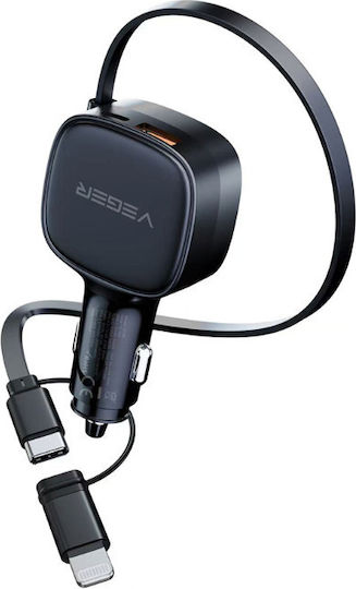 Veger Car Charger 84W Fast Charging with one Port: 1xType-C with Cable Lightning / Type-C Black Color