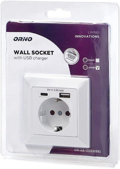 Redled Μονή Χωνευτή Πρίζα Ρεύματος με 2 Θύρες USB Λευκή