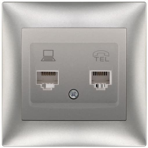 Redled Двойно Гнездо За Електрическа Мрежа И Телефон RJ45/RJ11 С Рамка Тип Cat6 В Сребрист Цвят 30010