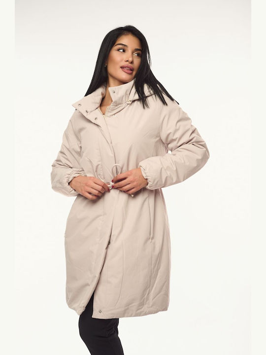 Women's Long Lifestyle Jacket for Winter with Hood Ecru