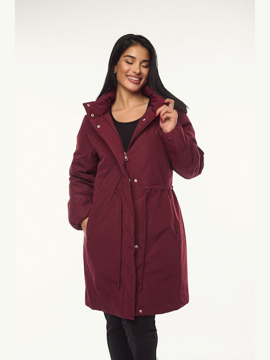 Women's Long Lifestyle Jacket for Winter with Hood Burgundy