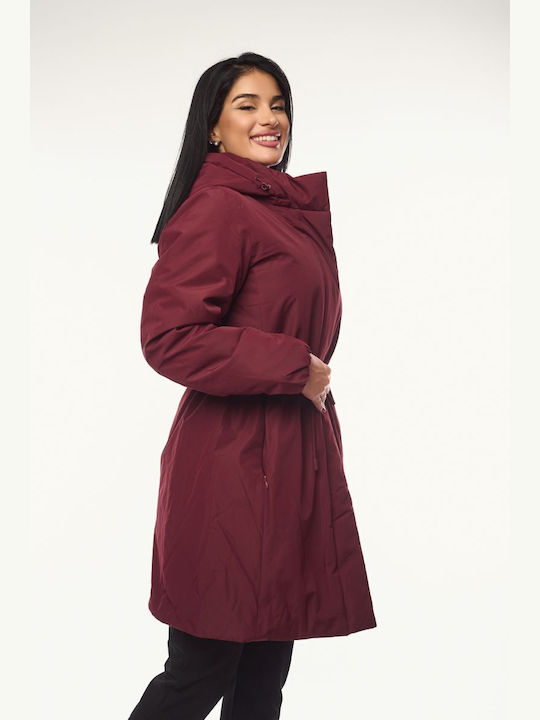 Women's Long Lifestyle Jacket for Winter with Hood Burgundy