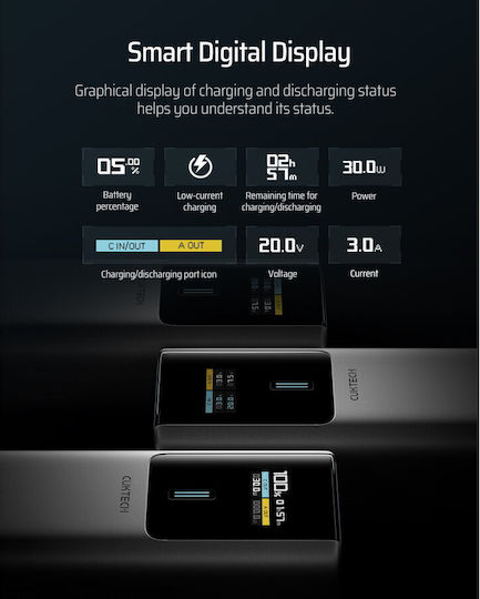 Cuktech 1C1A Power Bank 10000mAh 150W με Θύρα USB-A και Θύρα USB-C Γκρι