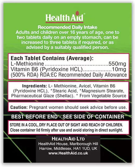 Health Aid L-methionine 550mg & Vit B6 60tabs