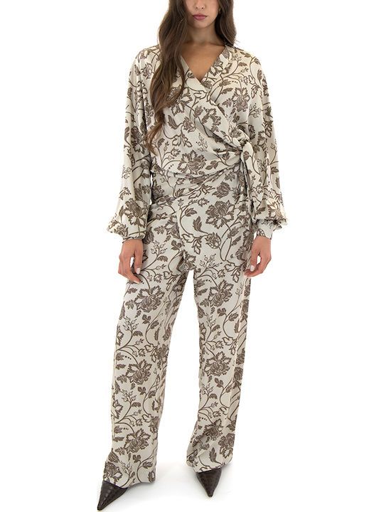 Damen Hoch tailliert Stoff Hose in Weiter Linie Blumen Brown-beige (beige)