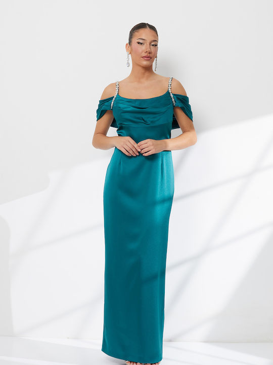 Summer Maxi Evening Satin Drape Petrol Blue Dress