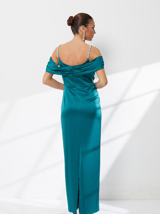 Summer Maxi Evening Satin Drape Petrol Blue Dress