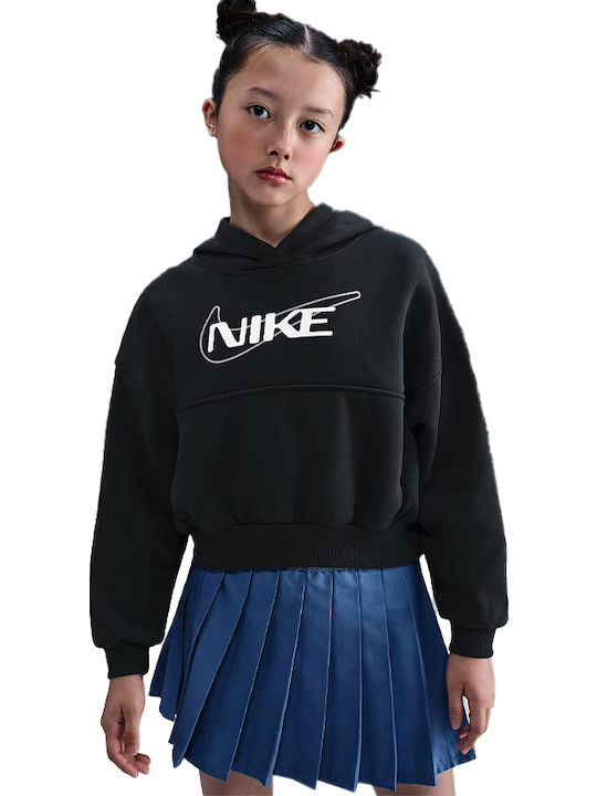 Fleece Παιδικό Φούτερ Cropped με Κουκούλα και Τσέπες Μαύρο Sportswear Club