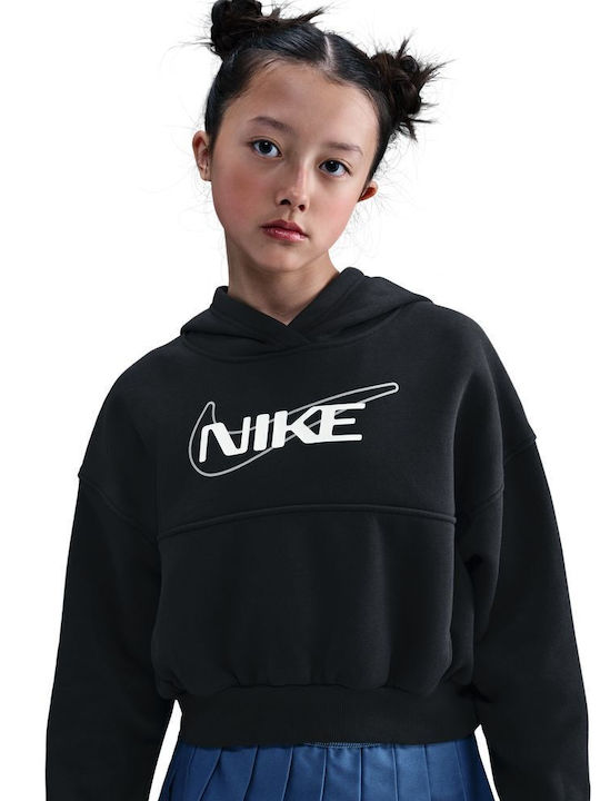 Fleece Παιδικό Φούτερ Cropped με Κουκούλα και Τσέπες Μαύρο Sportswear Club