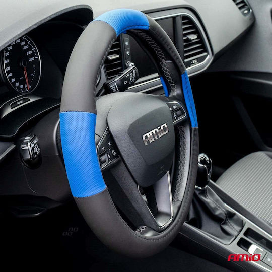 AMiO Car Steering Wheel Cover SWC-04-Μ with Diameter 37-39cm made of Leatherette Blue