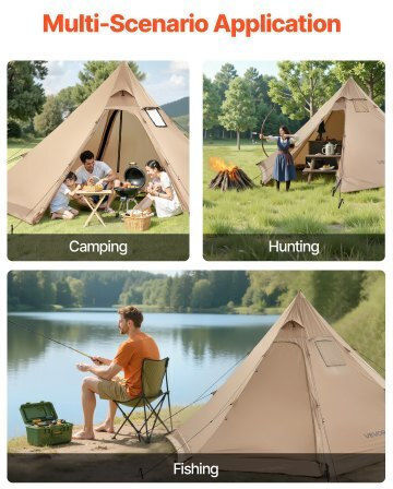 Vevor Σκηνή Camping Teepee Καφέ 4 Εποχών για 4 Άτομα 400x400x200εκ.