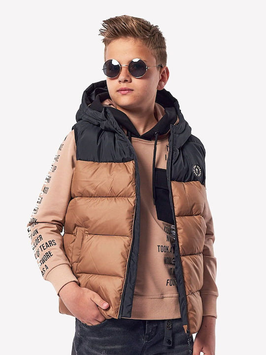 Kids' Quilted Jacket Sleeveless Short with Hood Brown