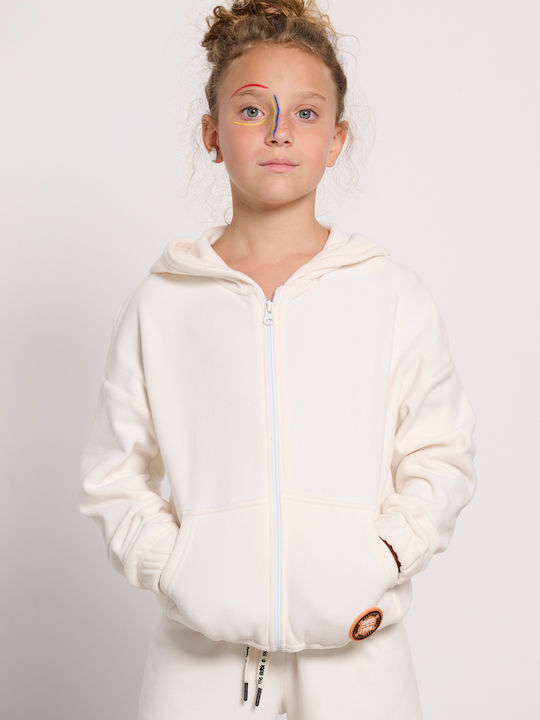 Fleece Kids Sweatshirt Cardigan with Hood and Pockets Ecru