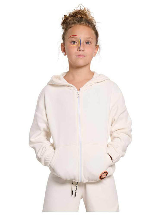 Fleece Kids Sweatshirt Cardigan with Hood and Pockets Ecru