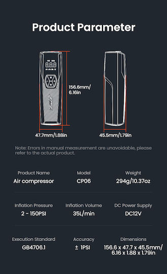 Loboo CP06 Τρόμπα Αυτοκινήτου Επαναφορτιζόμενη 12V
