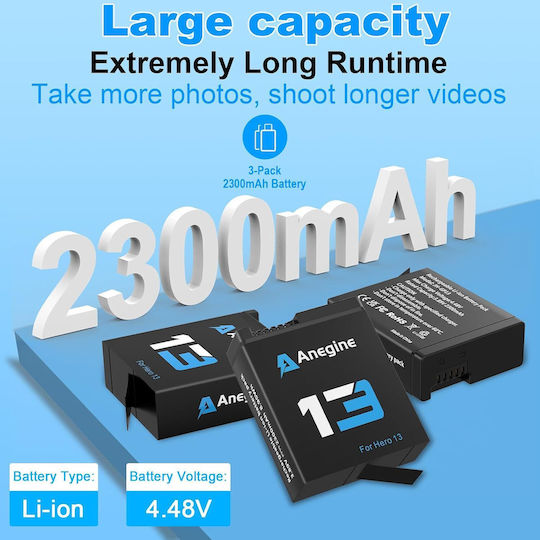 Set 3 Baterii 2300 mAh GoPro Hero 13 Încărcător Negru Cu 3 Sloturi Ecran LCD Cablu USB-A Slot USB-C Negru