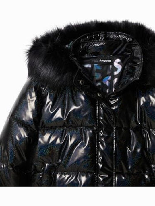 Kids' Quilted Jacket Short with Hood Black Saturno