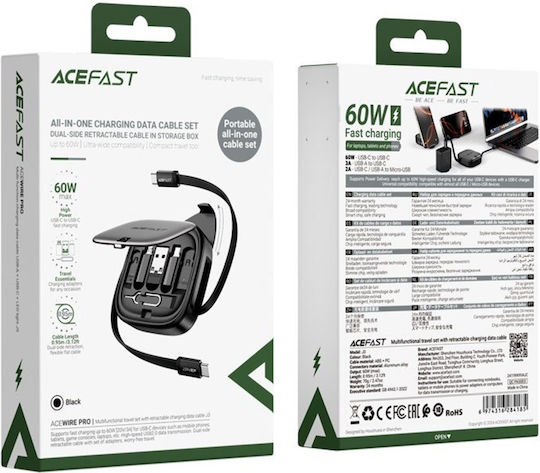 Acefast Retractable USB to Lightning / micro USB Cable 3A Μαύρο 0.95m