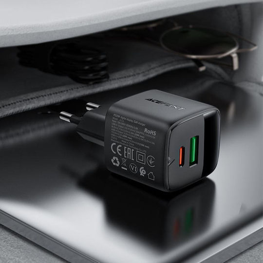 Acefast Φορτιστής Χωρίς Καλώδιο GaN με Θύρα USB-A και Θύρα USB-C 25W Μαύρος (A114)