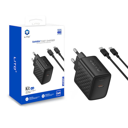 Lito GaN Charger with USB-C Port and USB-C Cable 45W Power Delivery Black (LC20T)