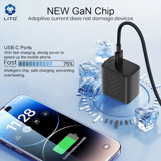 Lito GaN Charger with USB-C Port and USB-C Cable 45W Power Delivery Black (LC20T)