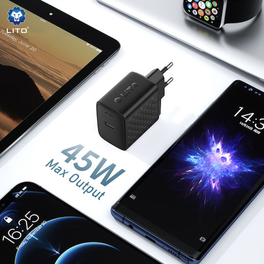 Lito Ladegerät ohne Kabel GaN mit USB-C Anschluss 45W Stromlieferung Schwarzs (LC20)