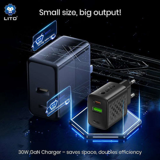 Lito Charger Without Cable GaN with USB-A Port and USB-C Port 30W Quick Charge 3.0 Blacks (LC19)