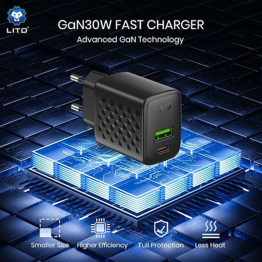 Lito Charger Without Cable GaN with USB-A Port and USB-C Port 30W Quick Charge 3.0 Blacks (LC19)