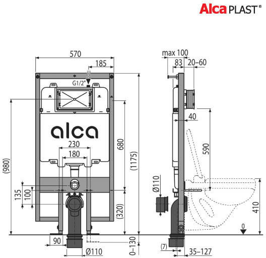 Alcaplast Built-in Plastic Low Pressure Rectangular Toilet Flush Tank Black