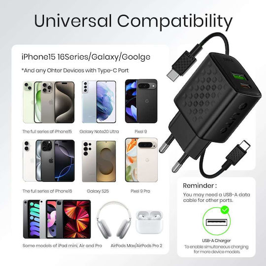 Lito Charger GaN with USB-A Port and USB-C Port and Cable USB-C - USB-C 20W Power Delivery Blacks (LC15)