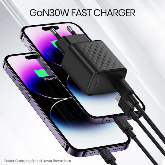Lito Ladegerät GaN mit USB-C Anschluss und Kabel USB-C - USB-C 30W Stromlieferung Schwarzs (LC17)