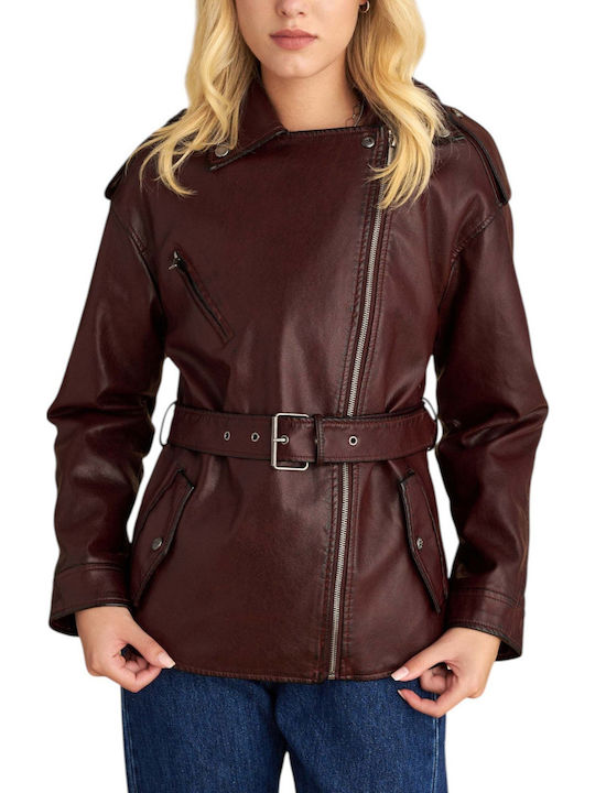Women's Biker Artificial Leather Jacket for Winter Oxblood