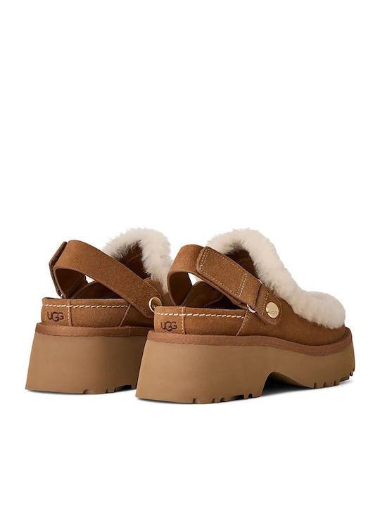 Suede Mules with Chunky High Heel in Brown Color