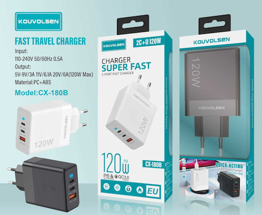 Φορτιστής Χωρίς Καλώδιο με Θύρα USB-A και 2 Θύρες USB-C 120W Λευκός (CX-180B)