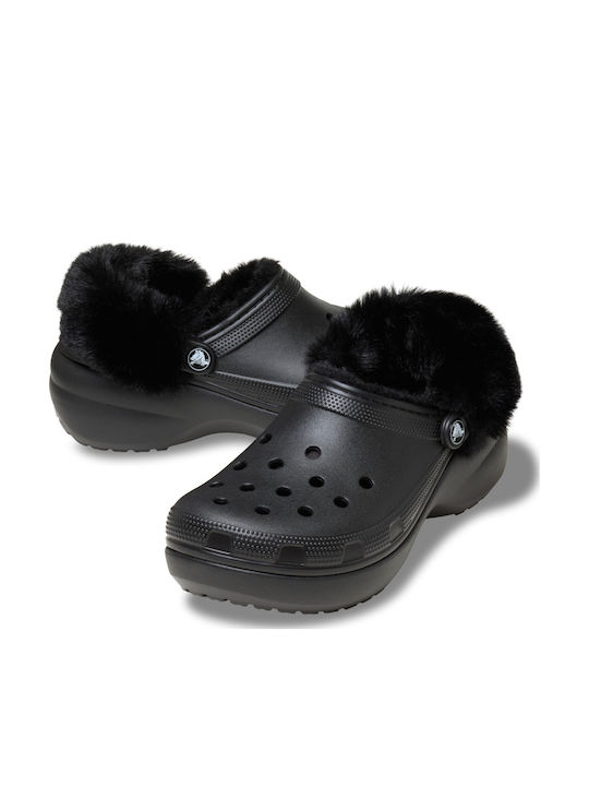 Crocs Saboti Platformă Clasici Pentru Femei Cu Blană Negri